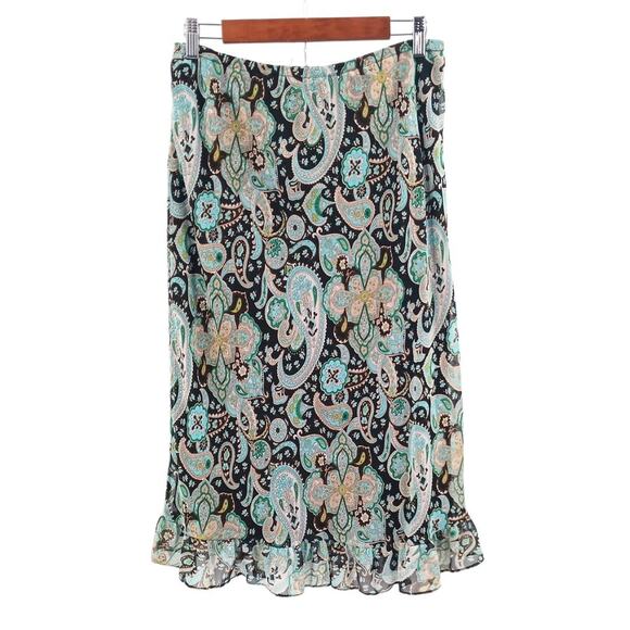 Vintage Black & Blue Boho Floral Paisley Print Ruffle Hem Midi Skirt Sz 12 - Picture 1 of 10